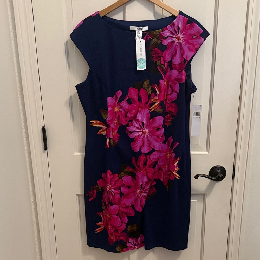 Chic Navy Dress with Pink Floral Design